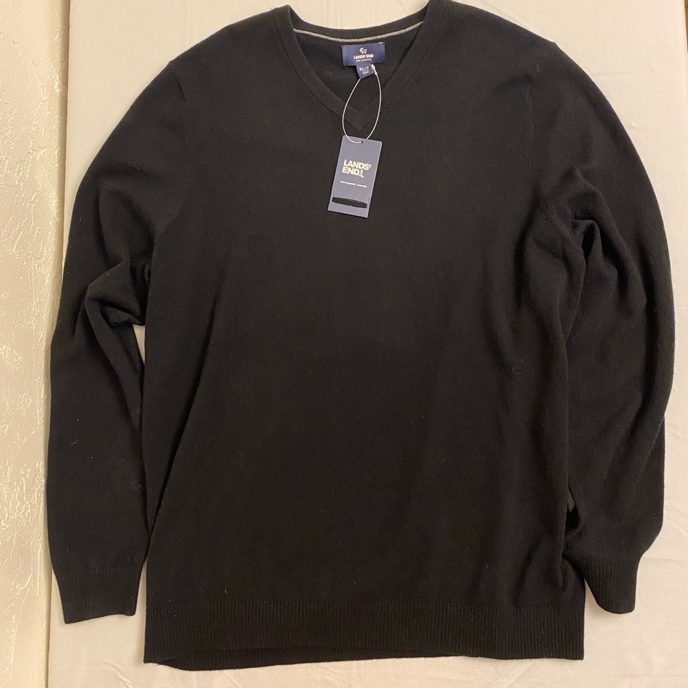 Lands' End Black V-Neck Sweater Fine-Knit